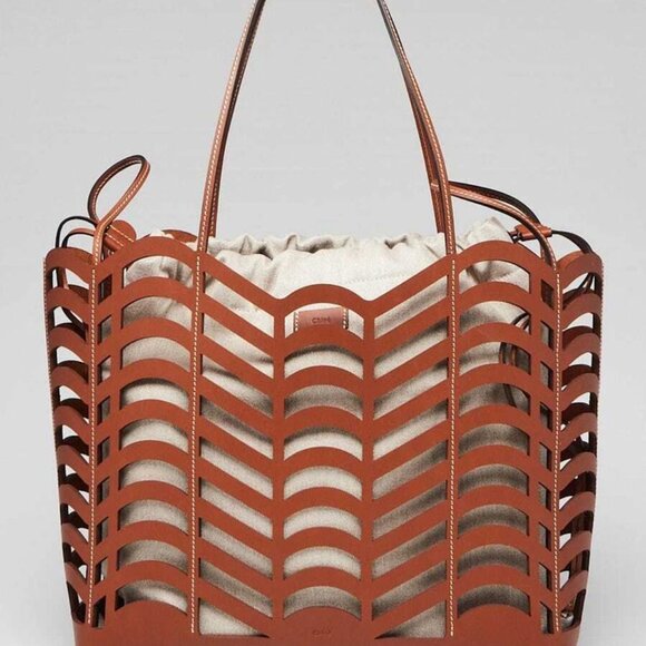 Chloe Brown/Beige Leather/Canvas Kayan Perforated Medium Tote Bag - Picture 1 of 11